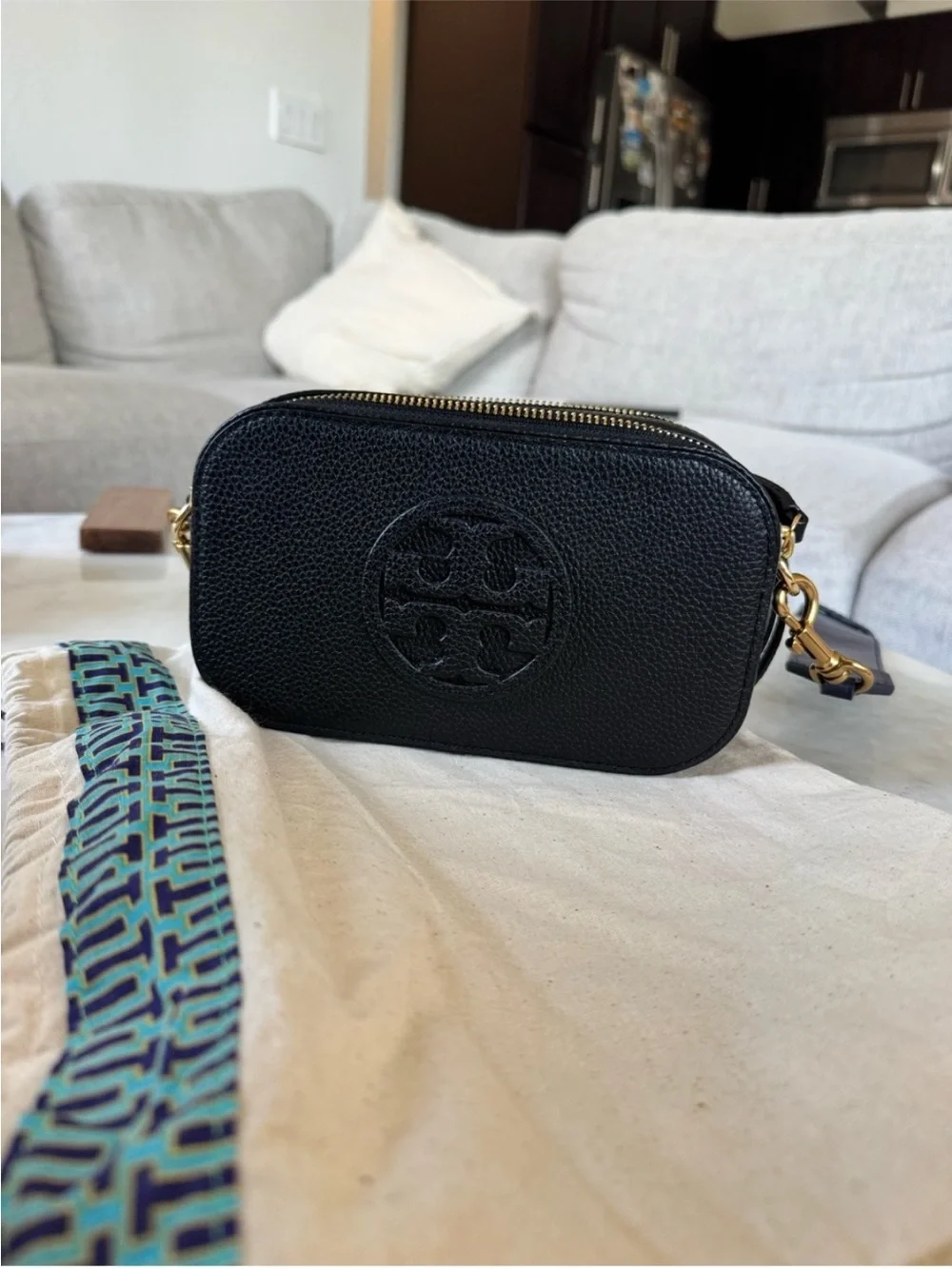 Tory Burch Black Pebbled Leather Camera Crossbody with Gold Hardware